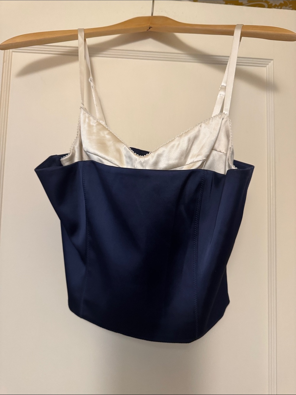 Aritzia silk and poly bustier size 4 Satin-Trim Navy Cami Top with Ivory gorge!